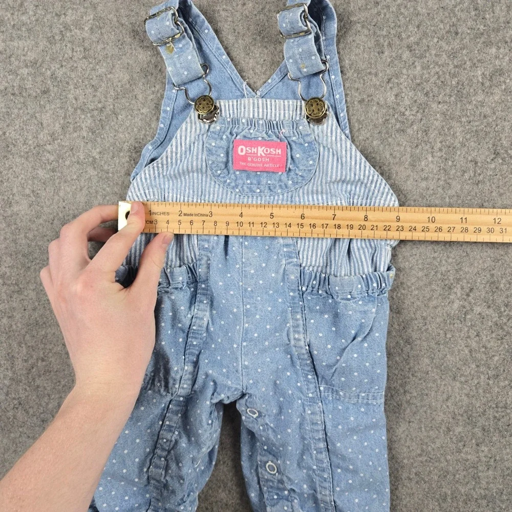 Vintage OshKosh B'gosh Overalls Baby Girls 6M Blue Polka Dot Hickory Stripe 80s